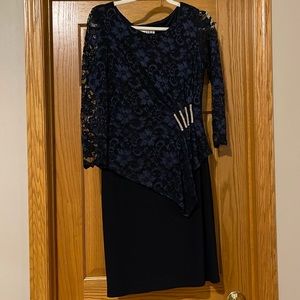 Joseph Ribkoff Navy Blue Asymmetric Lace Sheer Long Sleeve Sheath Evening Dress